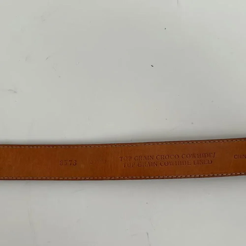 Mens Brown Leather Belt Crocodile Embossed Top Grain Cowhide Gold Buckle Size 38